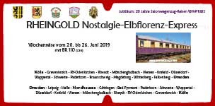 Echt gelaufenes Zuglaufschild im Format 61 x 29 cm vom Rheingold Nostalgie-Elbflorenz-Express